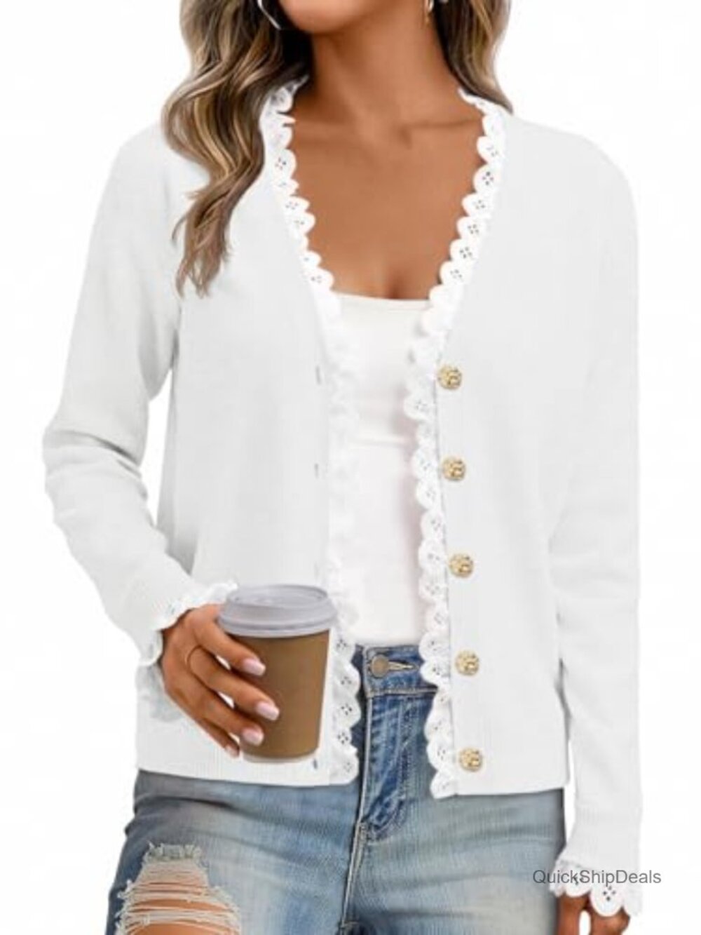 Lace V Neck Button Down Cardigan Long Sleeve Lightweight Knit Sweater
